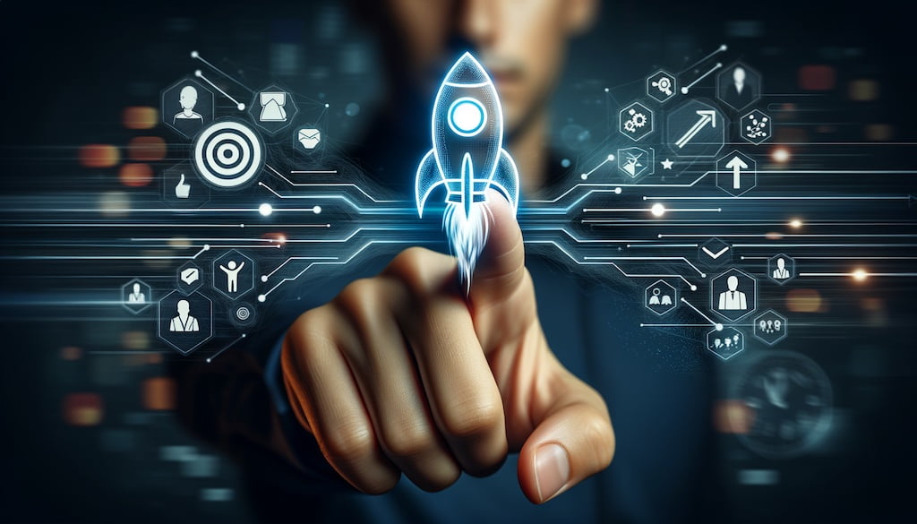 Rocket launch icon soars with speed to hit the growth target. Businessman is touching growing business. Planning and starting corporate business start up, Business goal and investment growth concept.